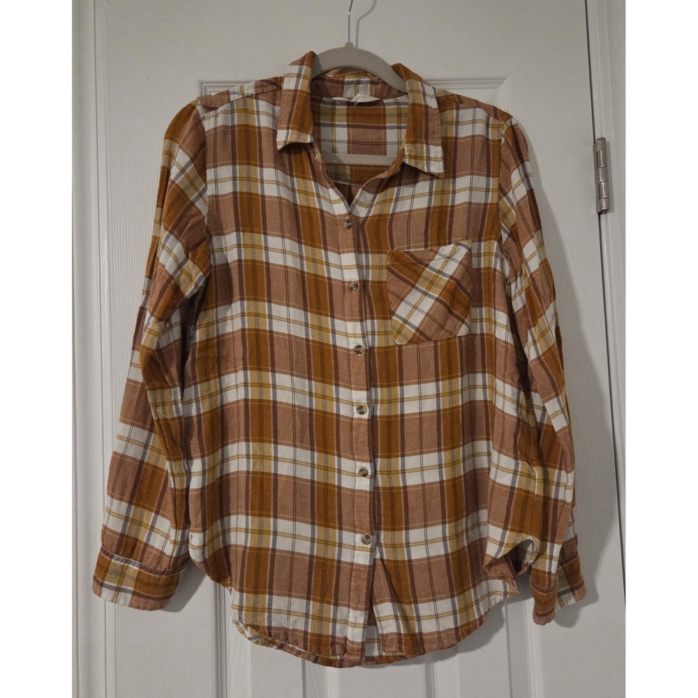 Lucky Brand Womens Plaid Flannel Shirt S Orange Brown Button Down Boho Relaxed